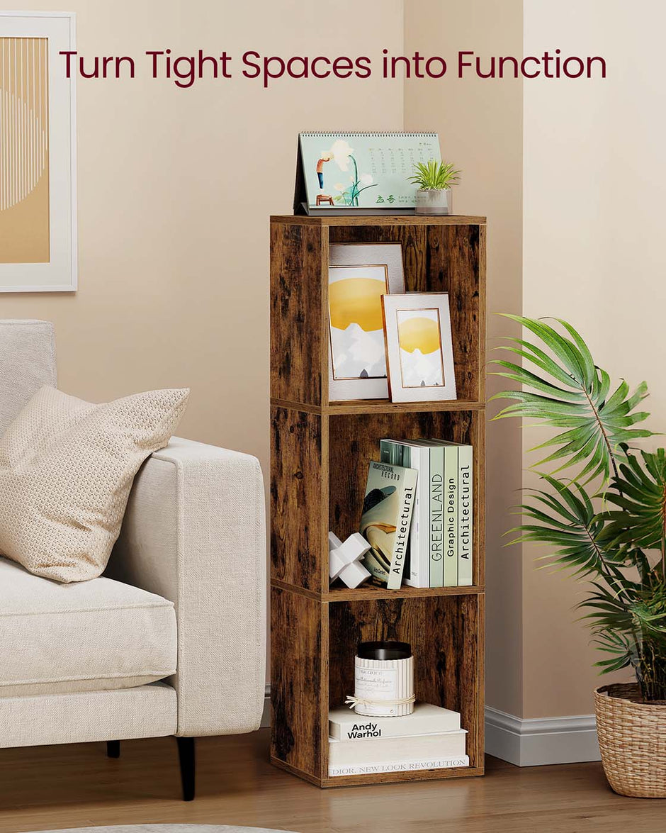 3-Tier Bookshelf – Wood – Rustic Brown – Open Compartments