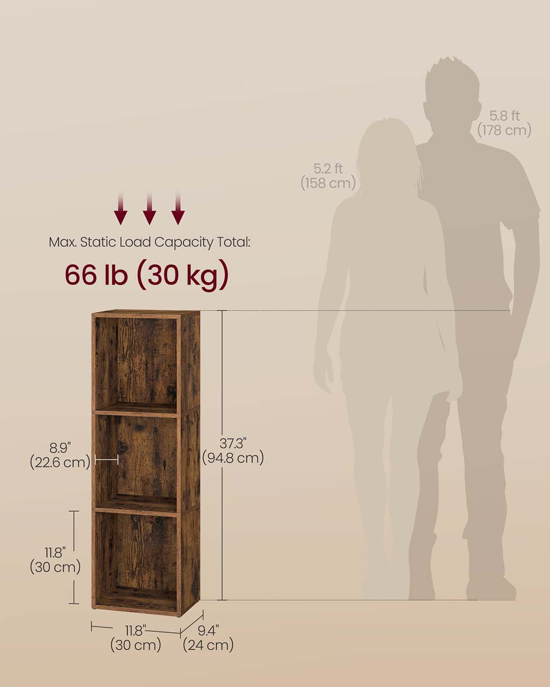 3-Tier Bookshelf – Wood – Rustic Brown – Open Compartments