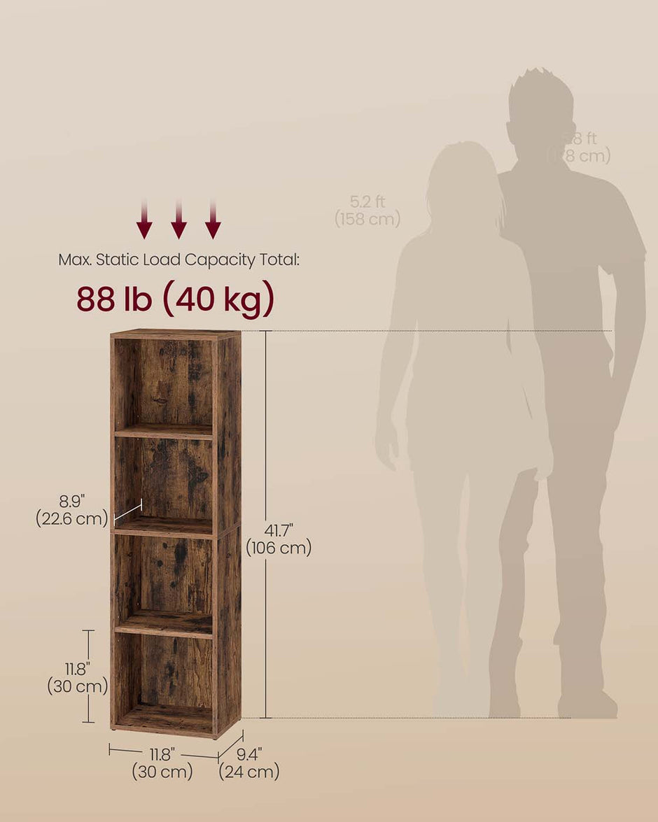 4-Tier Cube Bookshelf – Engineered Wood – Rustic Brown – Open Shelves for Versatile Display and Storage