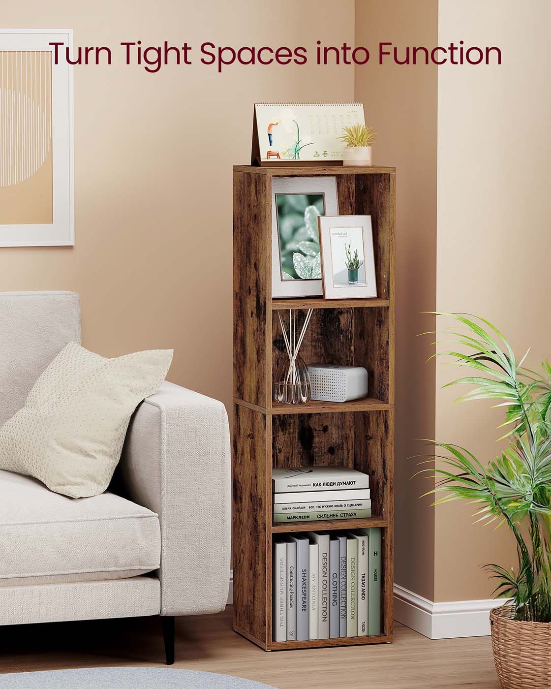 4-Tier Cube Bookshelf – Engineered Wood – Rustic Brown – Open Shelves for Versatile Display and Storage
