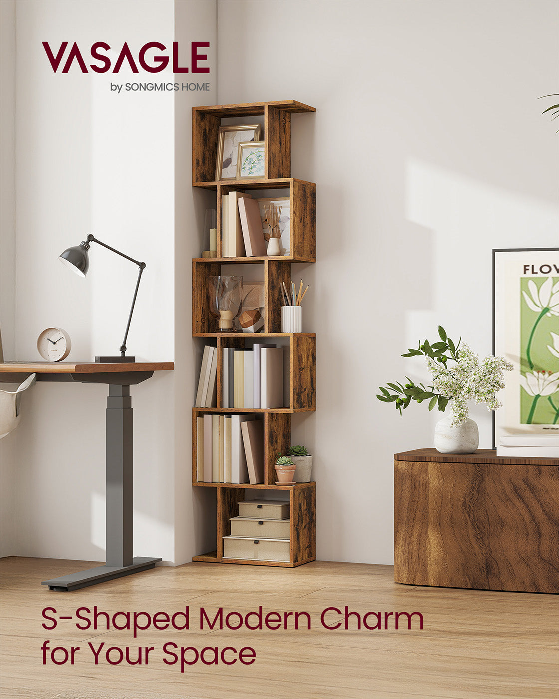 Bookshelf – Engineered Wood – Rustic Brown – 6-Tier Room Divider with Cube Shelves