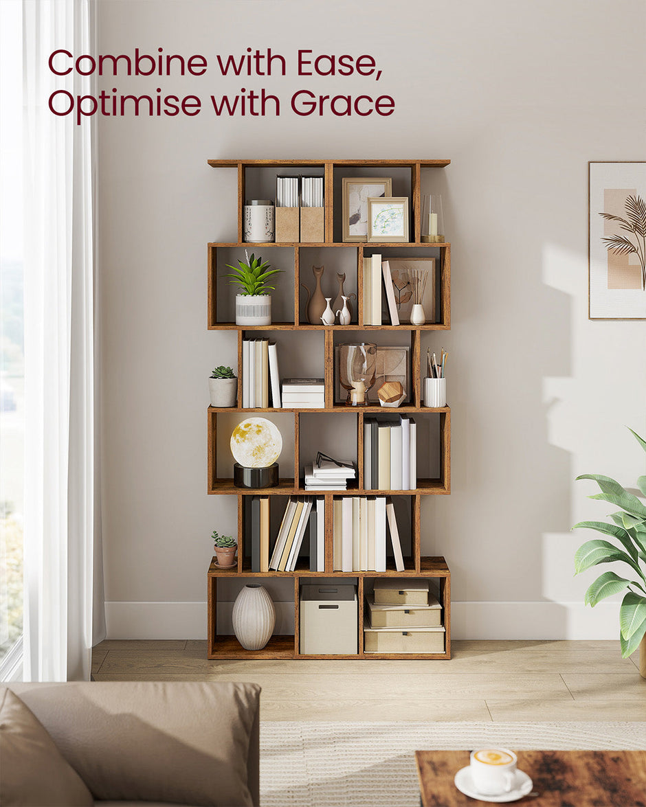 Bookshelf – Engineered Wood – Rustic Brown – 6-Tier Room Divider with Cube Shelves