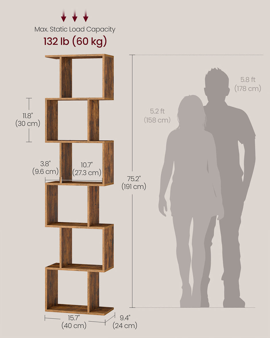Bookshelf – Engineered Wood – Rustic Brown – 6-Tier Room Divider with Cube Shelves
