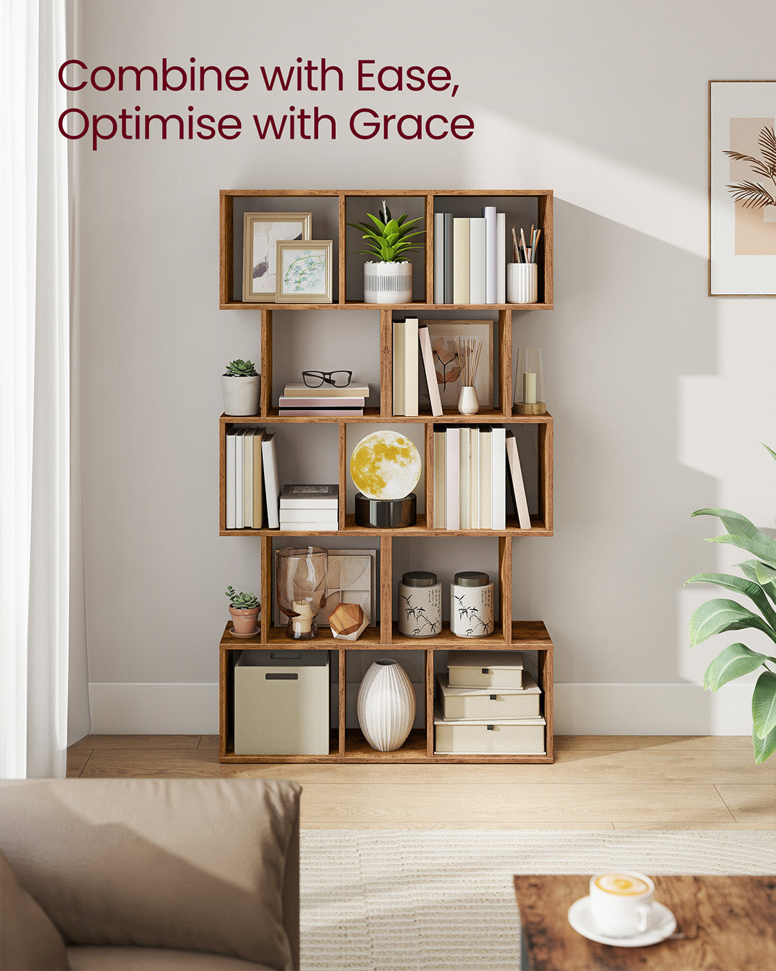 Bookshelf – Engineered Wood – Rustic Brown – 6-Tier Room Divider with Cube Shelves
