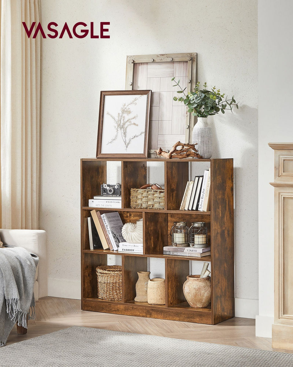 8-Compartment Bookshelf – Wood – Oak – Free Standing Storage and Display Unit