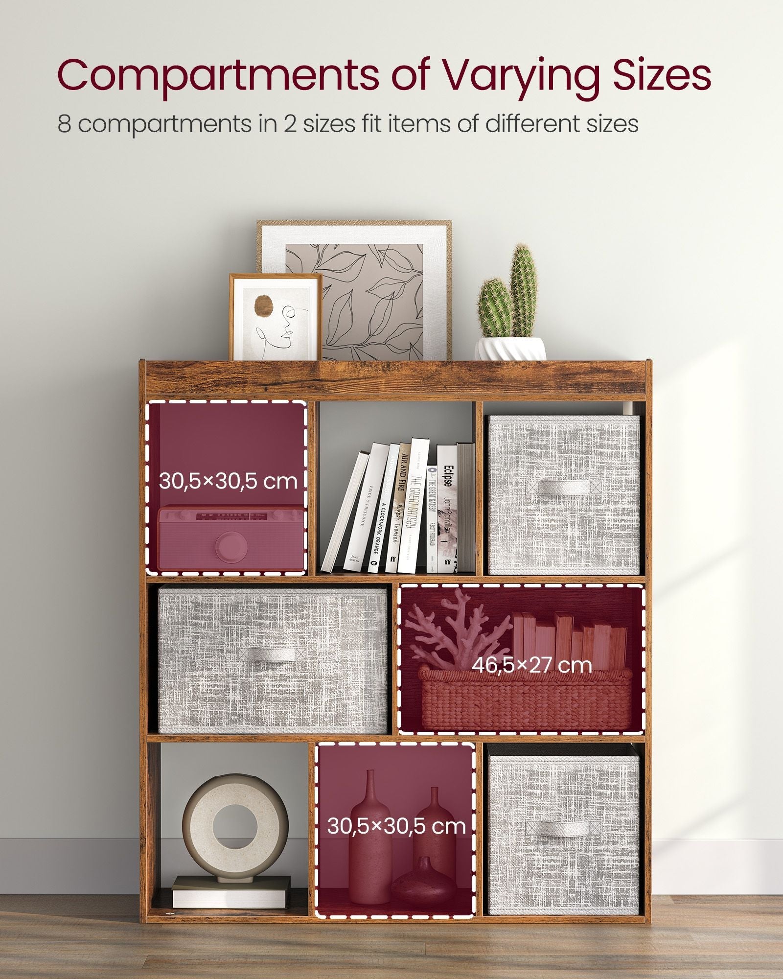8-Compartment Bookshelf – Wood – Oak – Free Standing Storage and Display Unit