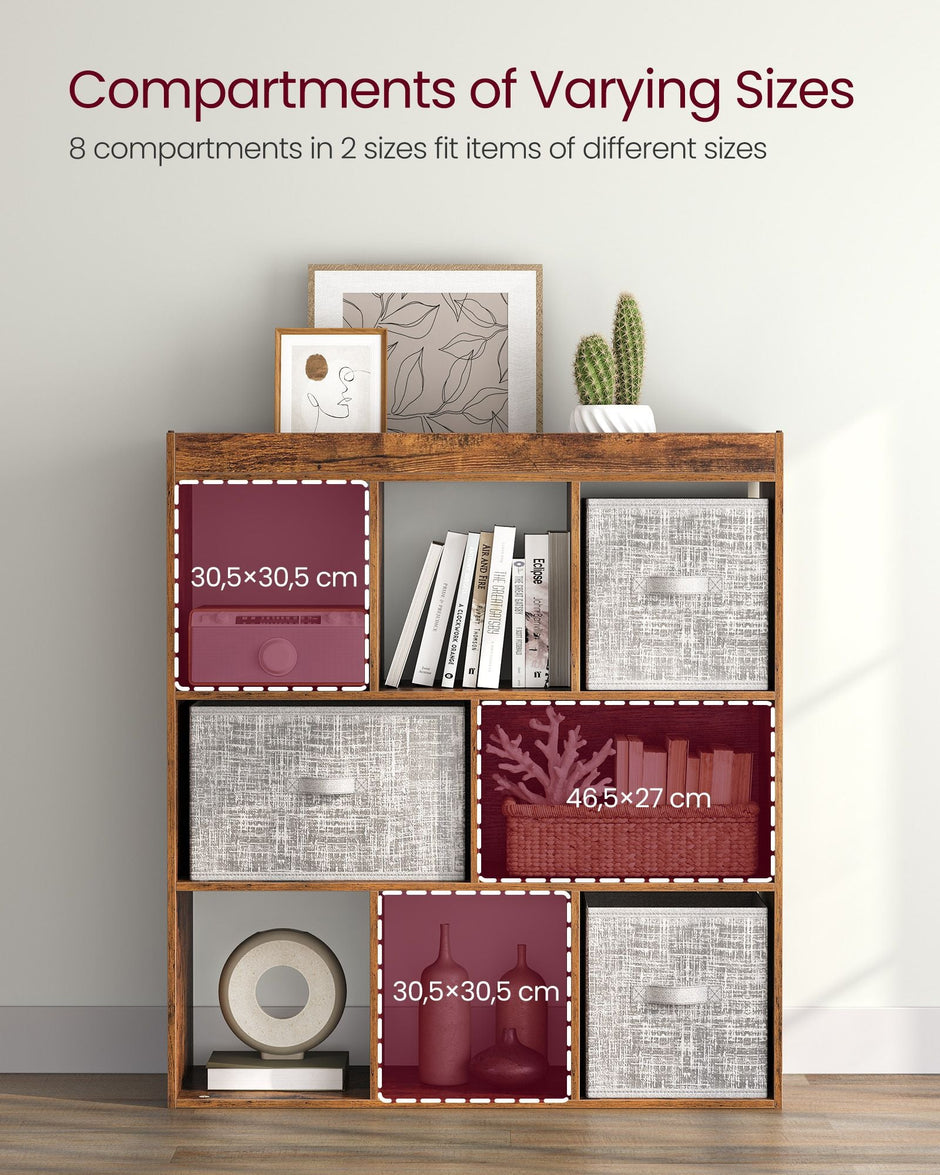 8-Compartment Bookshelf – Wood – Oak – Free Standing Storage and Display Unit