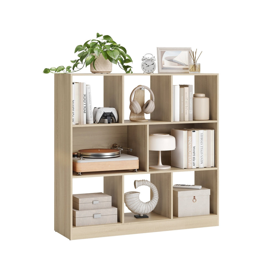 Wooden Display Bookcase – Oak – Free Standing Storage Unit with Open Cubes and Shelves