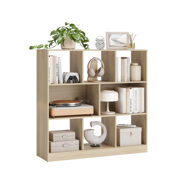 Wooden Display Bookcase – Oak – Free Standing Storage Unit with Open Cubes and Shelves