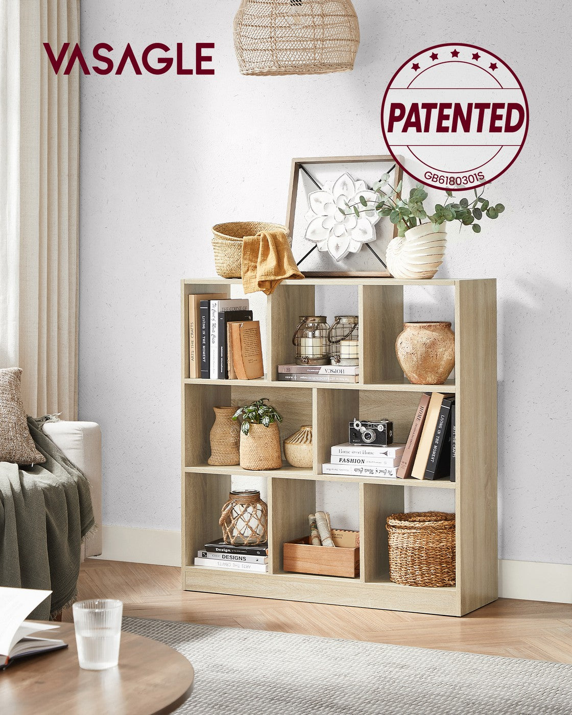 Wooden Display Bookcase – Oak – Free Standing Storage Unit with Open Cubes and Shelves