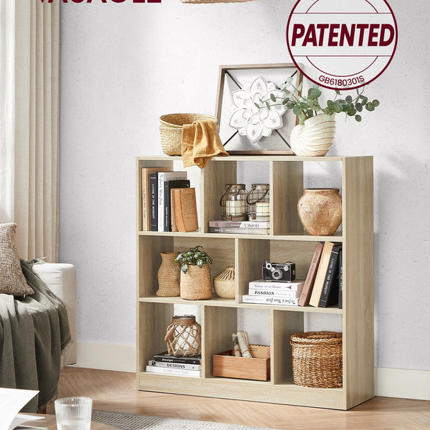 Wooden Display Bookcase – Oak – Free Standing Storage Unit with Open Cubes and Shelves
