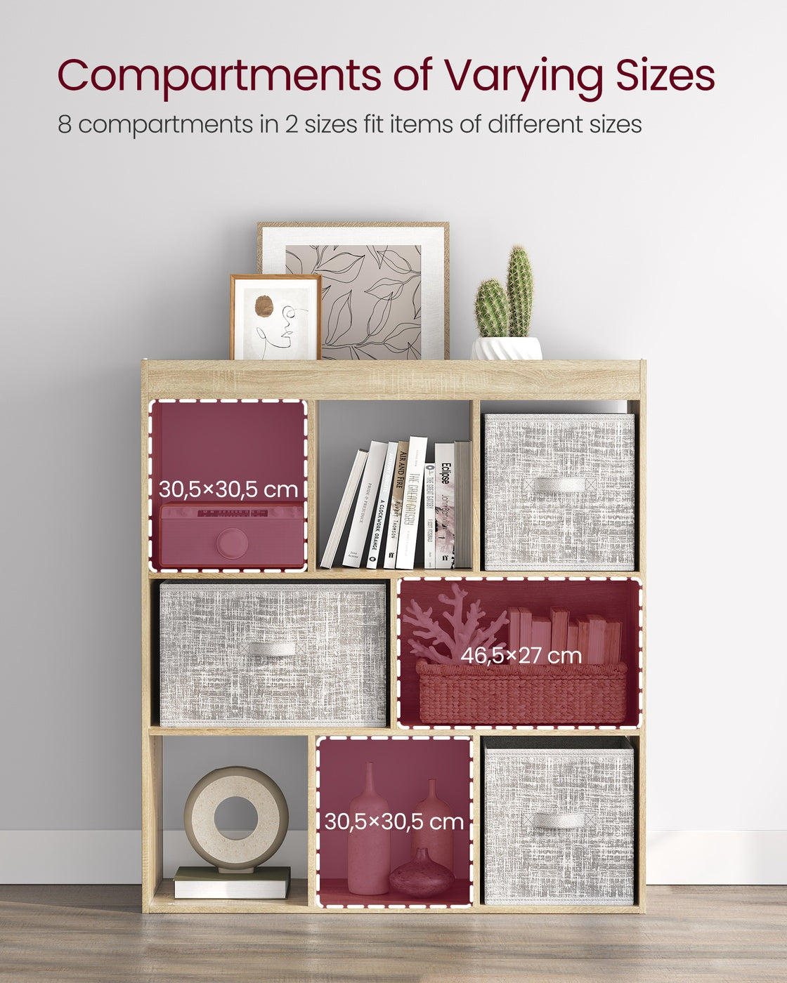 Wooden Display Bookcase – Oak – Free Standing Storage Unit with Open Cubes and Shelves