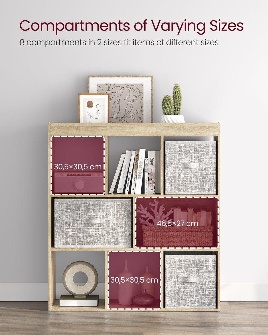 Wooden Display Bookcase – Oak – Free Standing Storage Unit with Open Cubes and Shelves