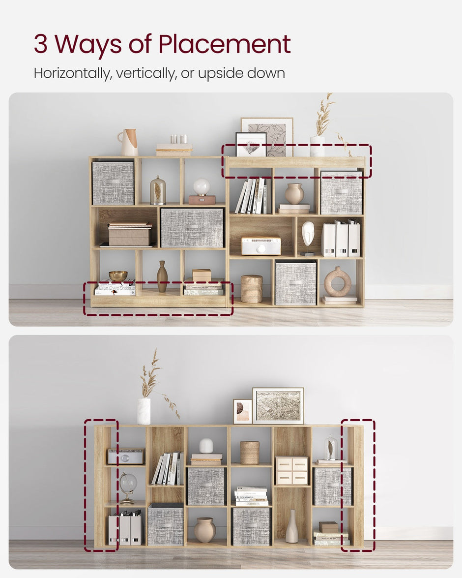Wooden Display Bookcase – Oak – Free Standing Storage Unit with Open Cubes and Shelves