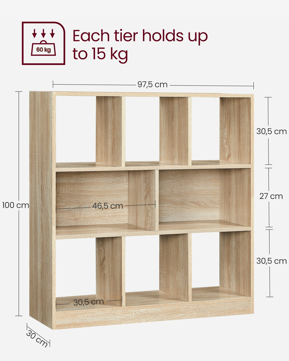 Wooden Display Bookcase – Oak – Free Standing Storage Unit with Open Cubes and Shelves