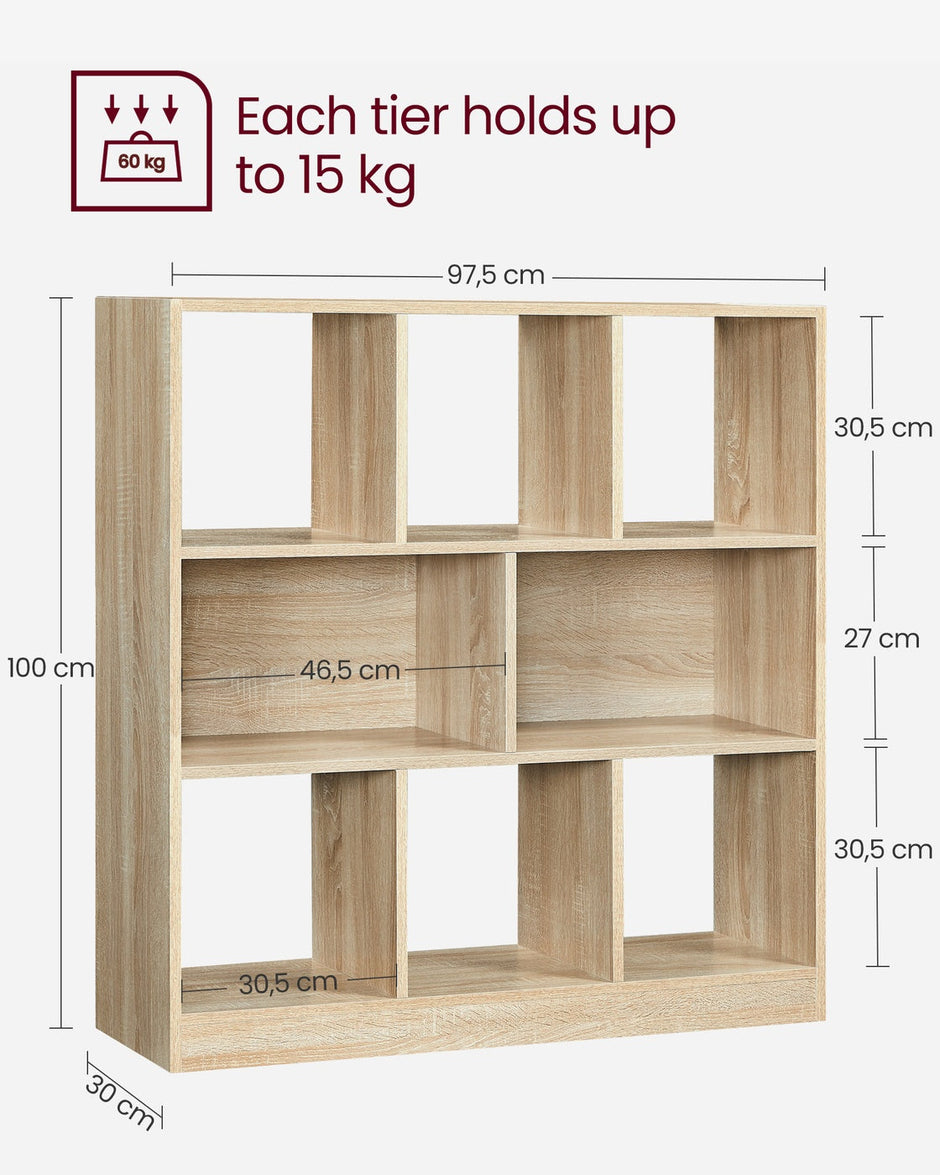 Wooden Display Bookcase – Oak – Free Standing Storage Unit with Open Cubes and Shelves