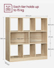 Wooden Display Bookcase – Oak – Free Standing Storage Unit with Open Cubes and Shelves