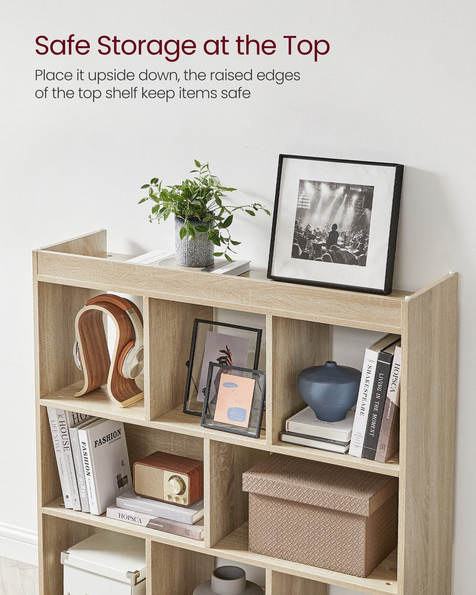 Wooden Display Bookcase – Oak – Free Standing Storage Unit with Open Cubes and Shelves