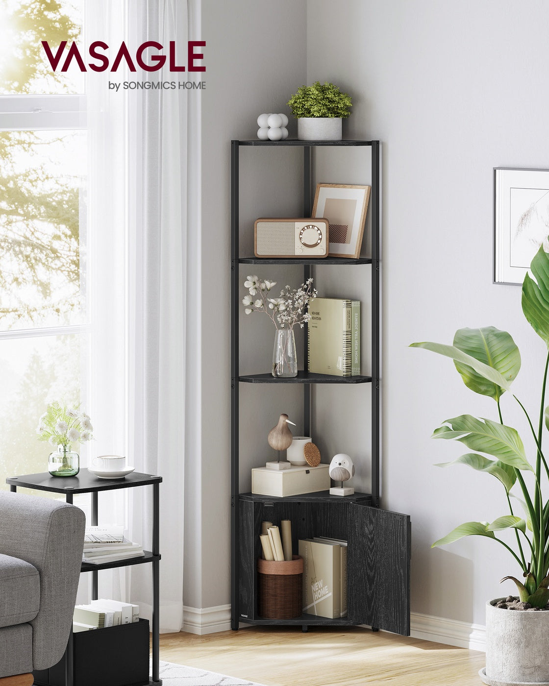 Corner Shelf – Wood – Rustic Brown and Ink Black – 5-Tier Storage Unit