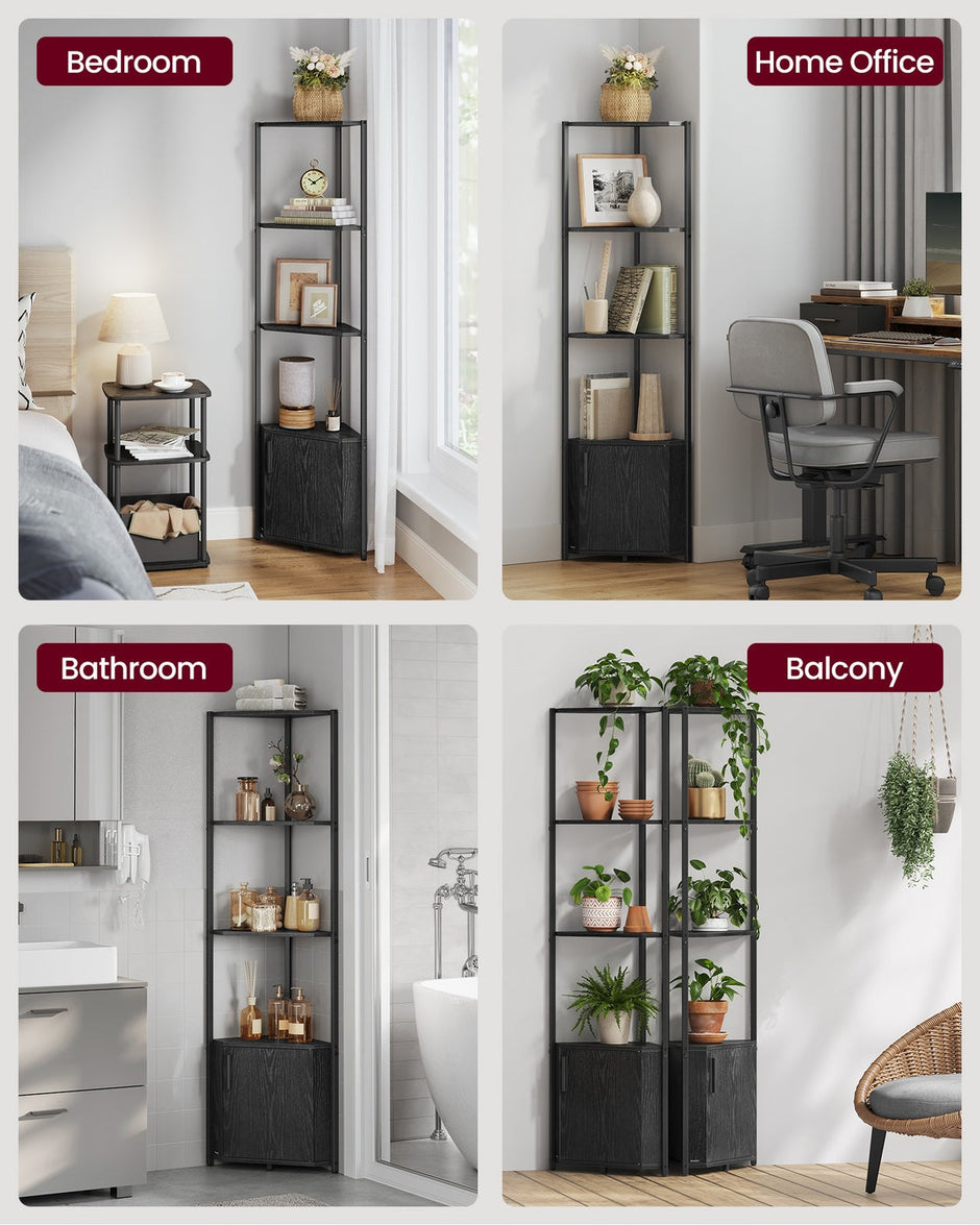 Corner Shelf – Wood – Rustic Brown and Ink Black – 5-Tier Storage Unit