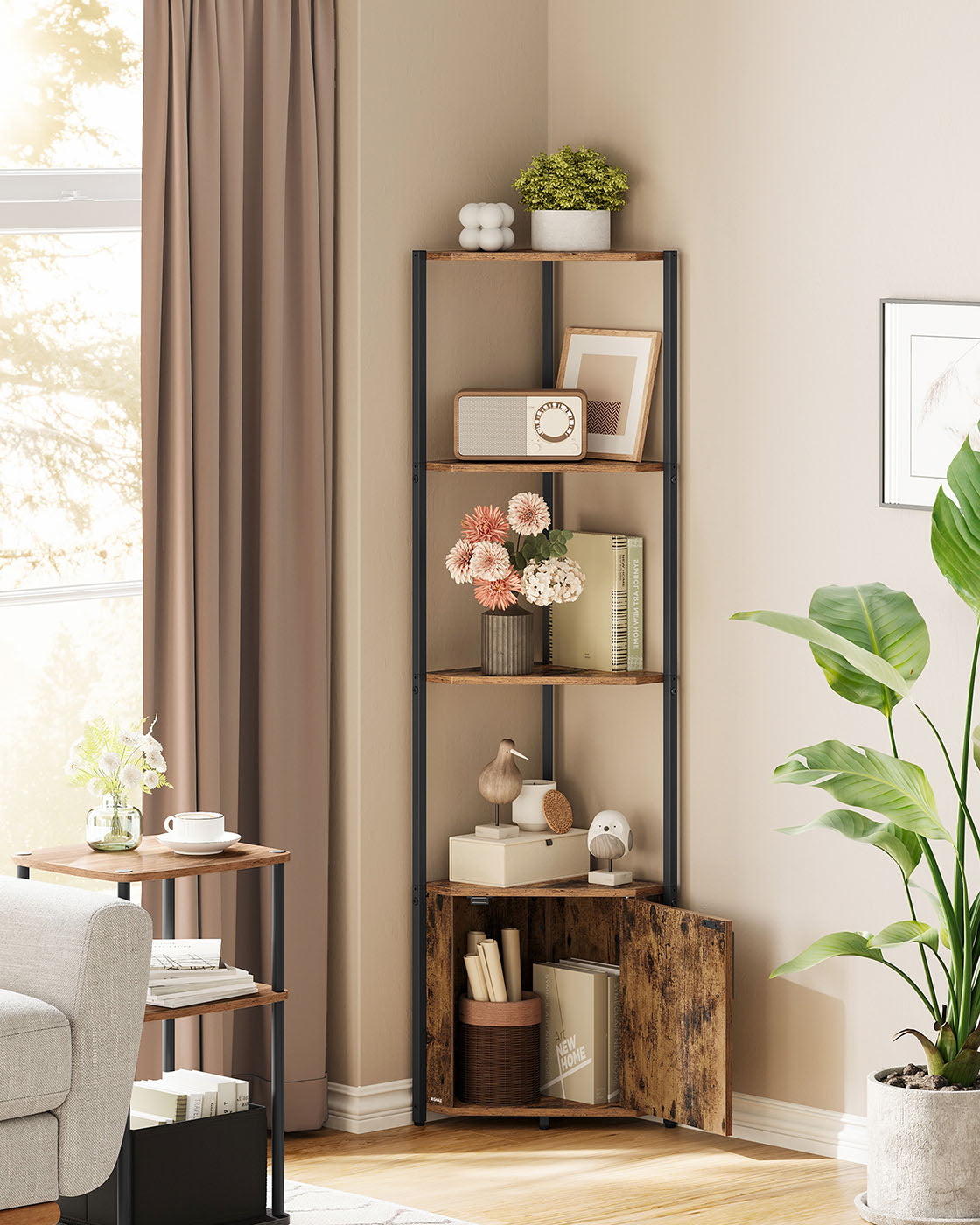 5-Tier Corner Shelf – Wood – Rustic Brown and Ink Black – Versatile Storage Solution