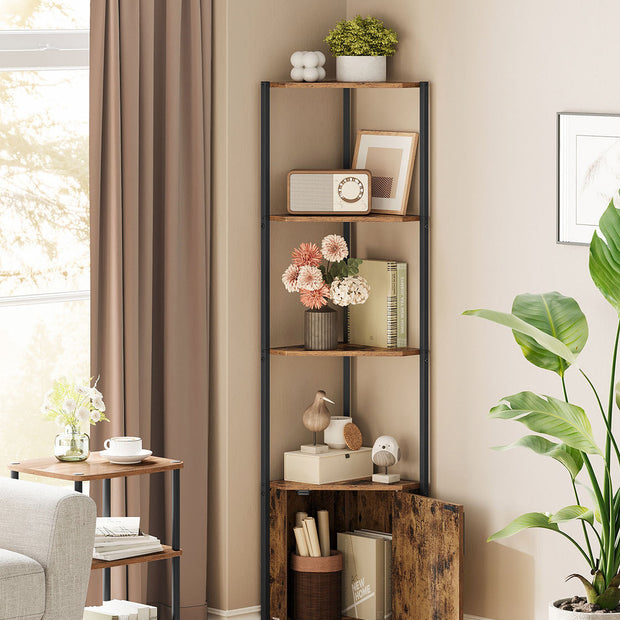 5-Tier Corner Shelf – Wood – Rustic Brown and Ink Black – Versatile Storage Solution
