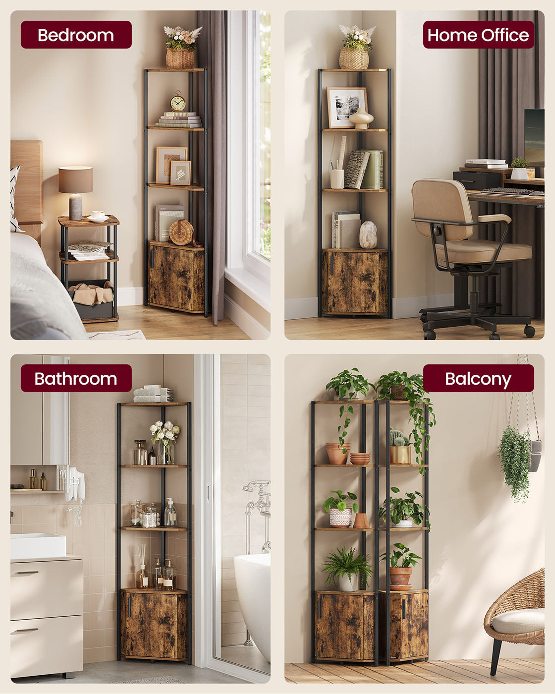 5-Tier Corner Shelf – Wood – Rustic Brown and Ink Black – Versatile Storage Solution