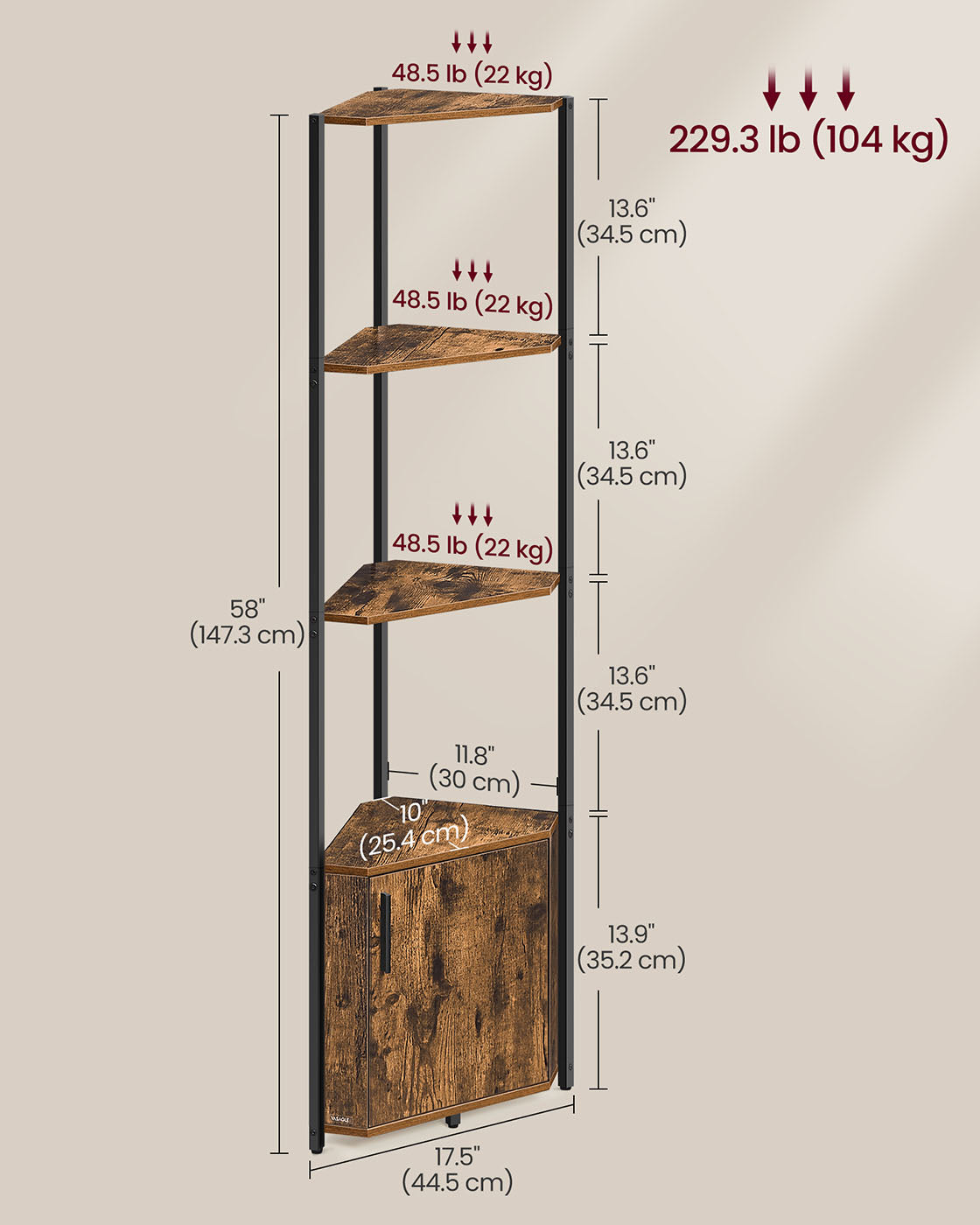5-Tier Corner Shelf – Wood – Rustic Brown and Ink Black – Versatile Storage Solution