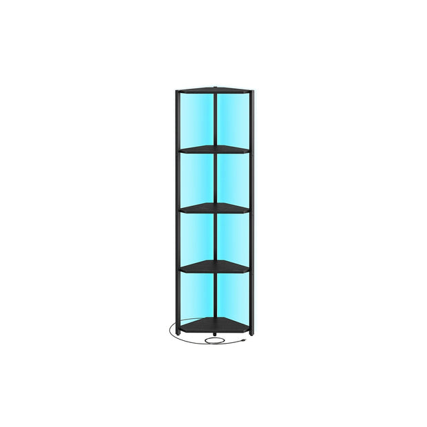 5-Tier Corner Shelf – Steel Frame – Rustic Brown – Adjustable LED Lights