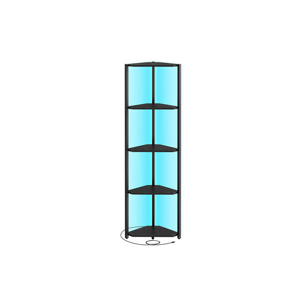 5-Tier Corner Shelf – Steel Frame – Rustic Brown – Adjustable LED Lights