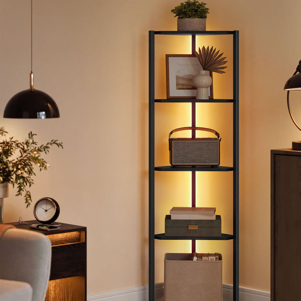 5-Tier Corner Shelf – Steel Frame – Rustic Brown – Adjustable LED Lights