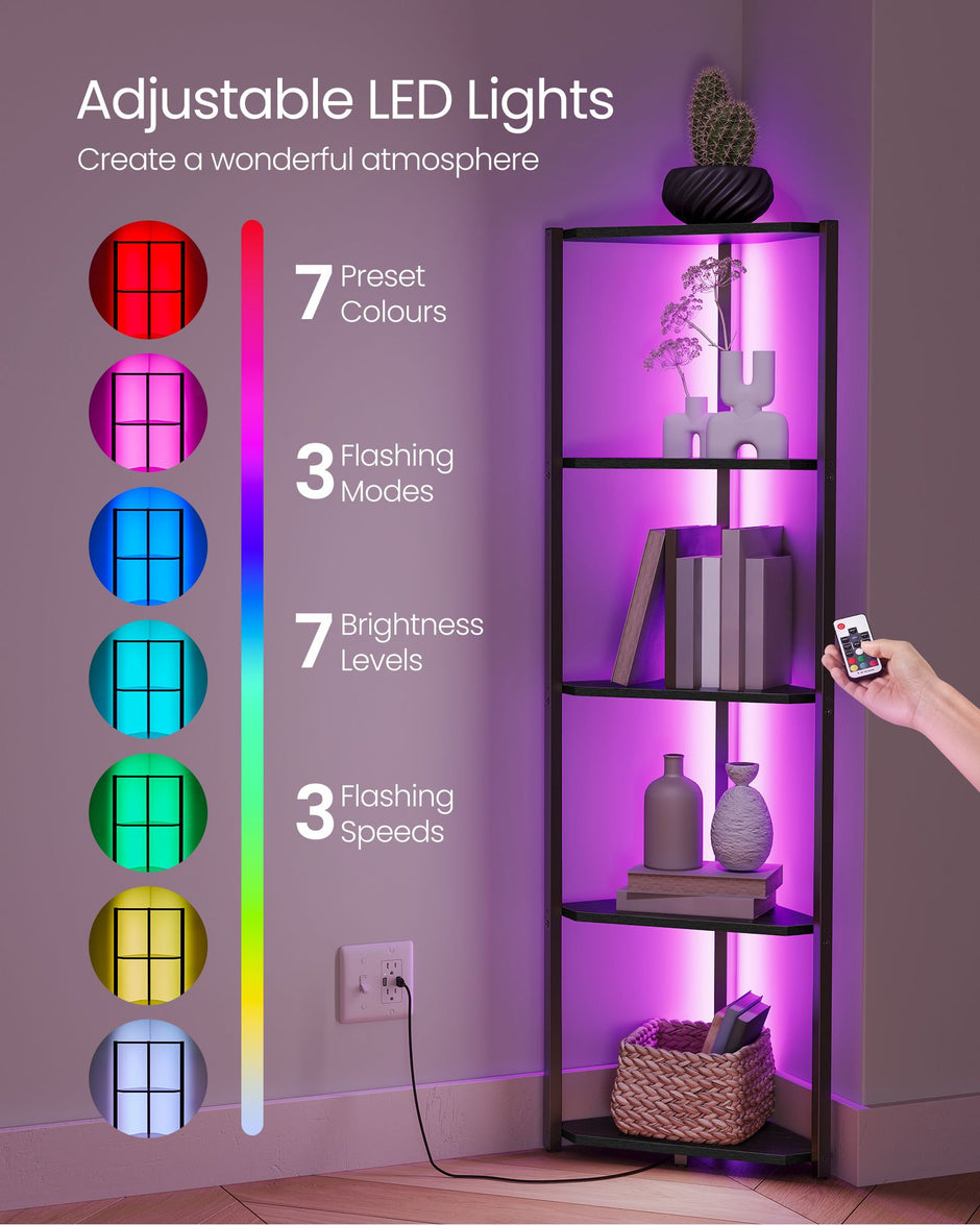 5-Tier Corner Shelf – Steel Frame – Ebony Black – Adjustable LED Lights