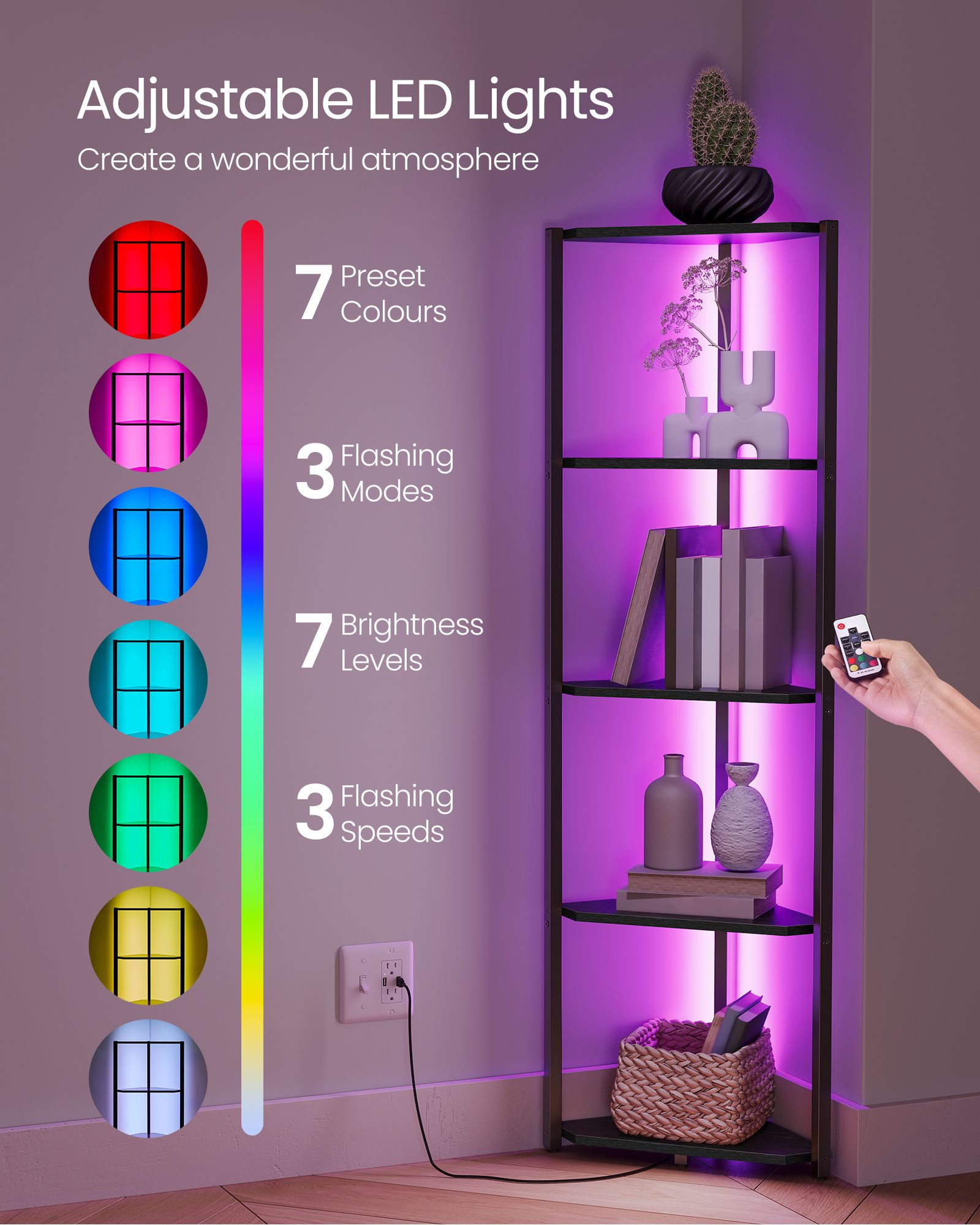 5-Tier Corner Shelf – Steel Frame – Rustic Brown – Adjustable LED Lights