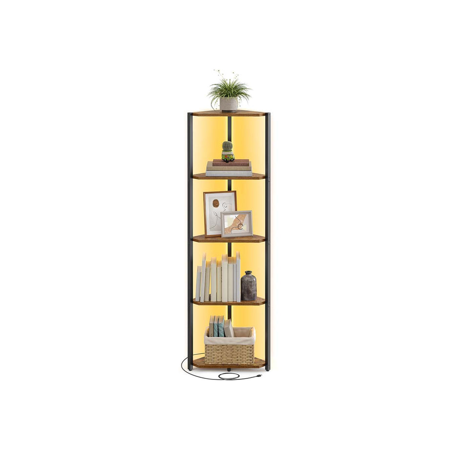 5-Tier Corner Shelf – Steel Frame – Rustic Brown – Adjustable LED Lights