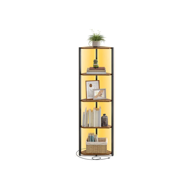 5-Tier Corner Shelf – Steel Frame – Rustic Brown – Adjustable LED Lights