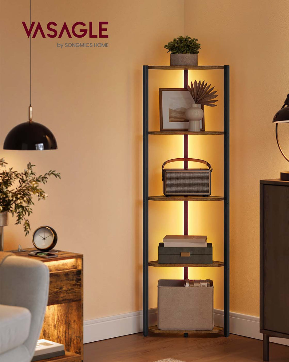 5-Tier Corner Shelf – Steel Frame – Rustic Brown – Adjustable LED Lights