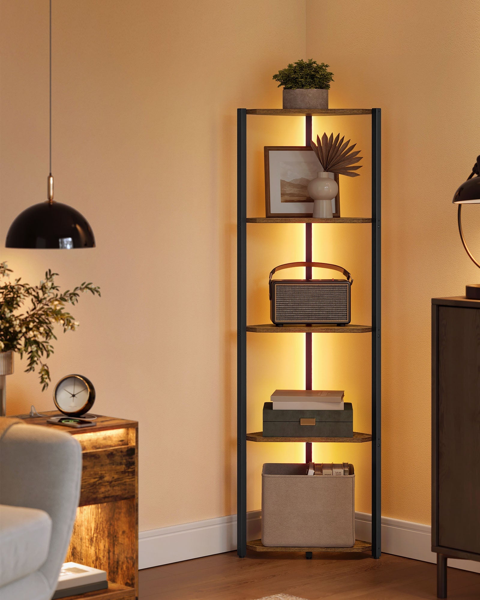 Corner Bookcase – Steel Frame – Rustic Brown – 5-Tier with Adjustable LED Lights