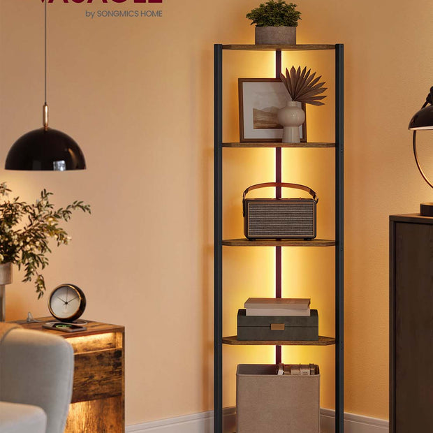 5-Tier Corner Shelf – Steel Frame – Rustic Brown – Adjustable LED Lights