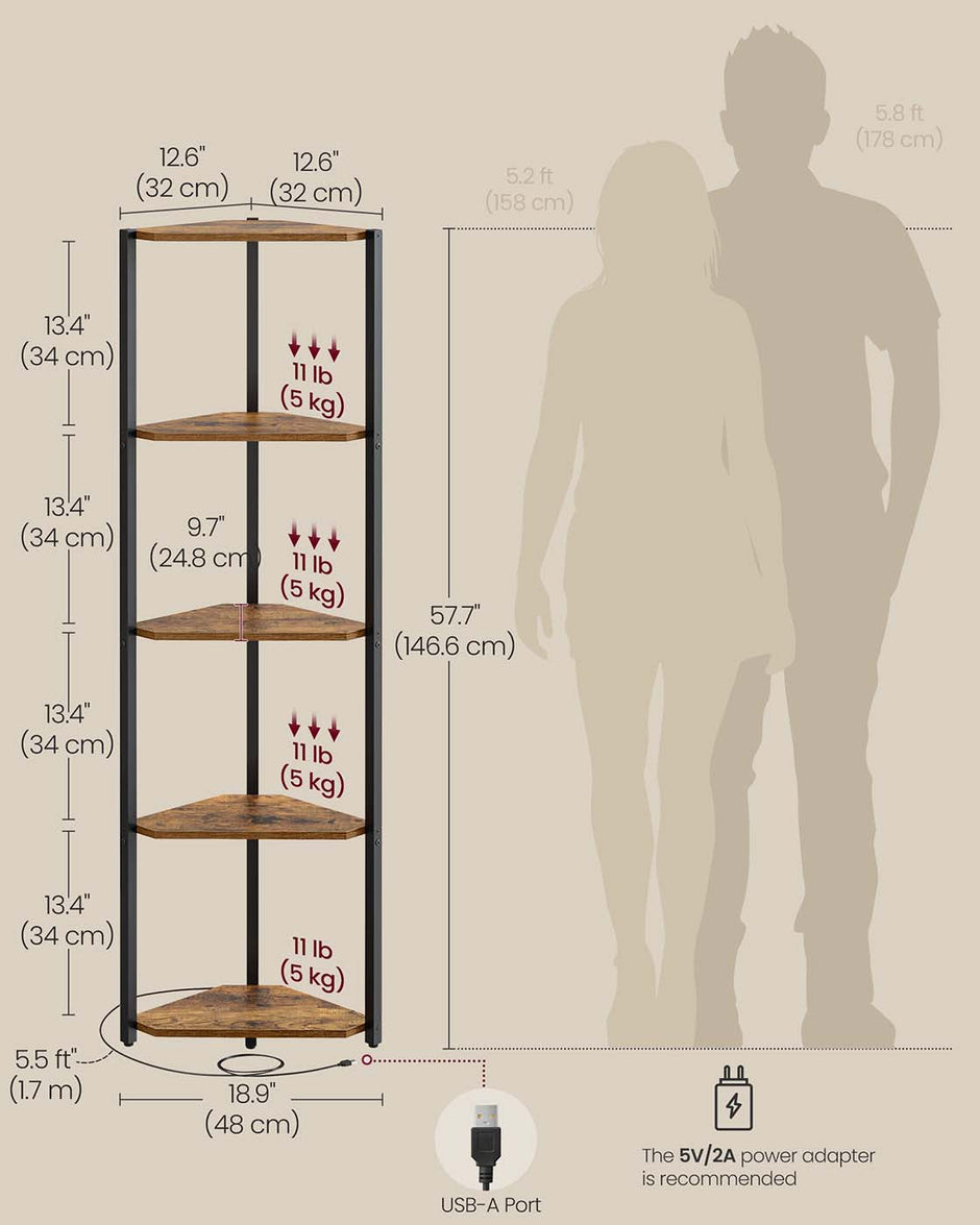 5-Tier Corner Shelf – Steel Frame – Rustic Brown – Adjustable LED Lights