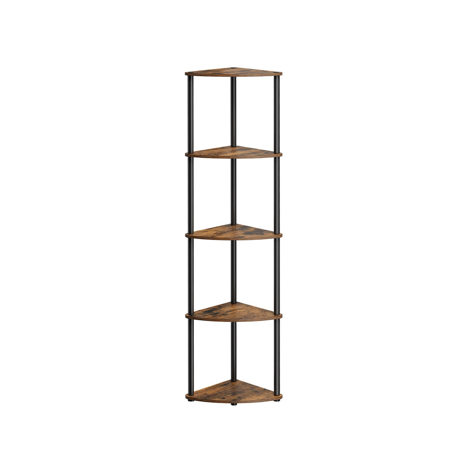 5-Tier Corner Shelf – Wood – Rustic Brown – Toolless Assembly