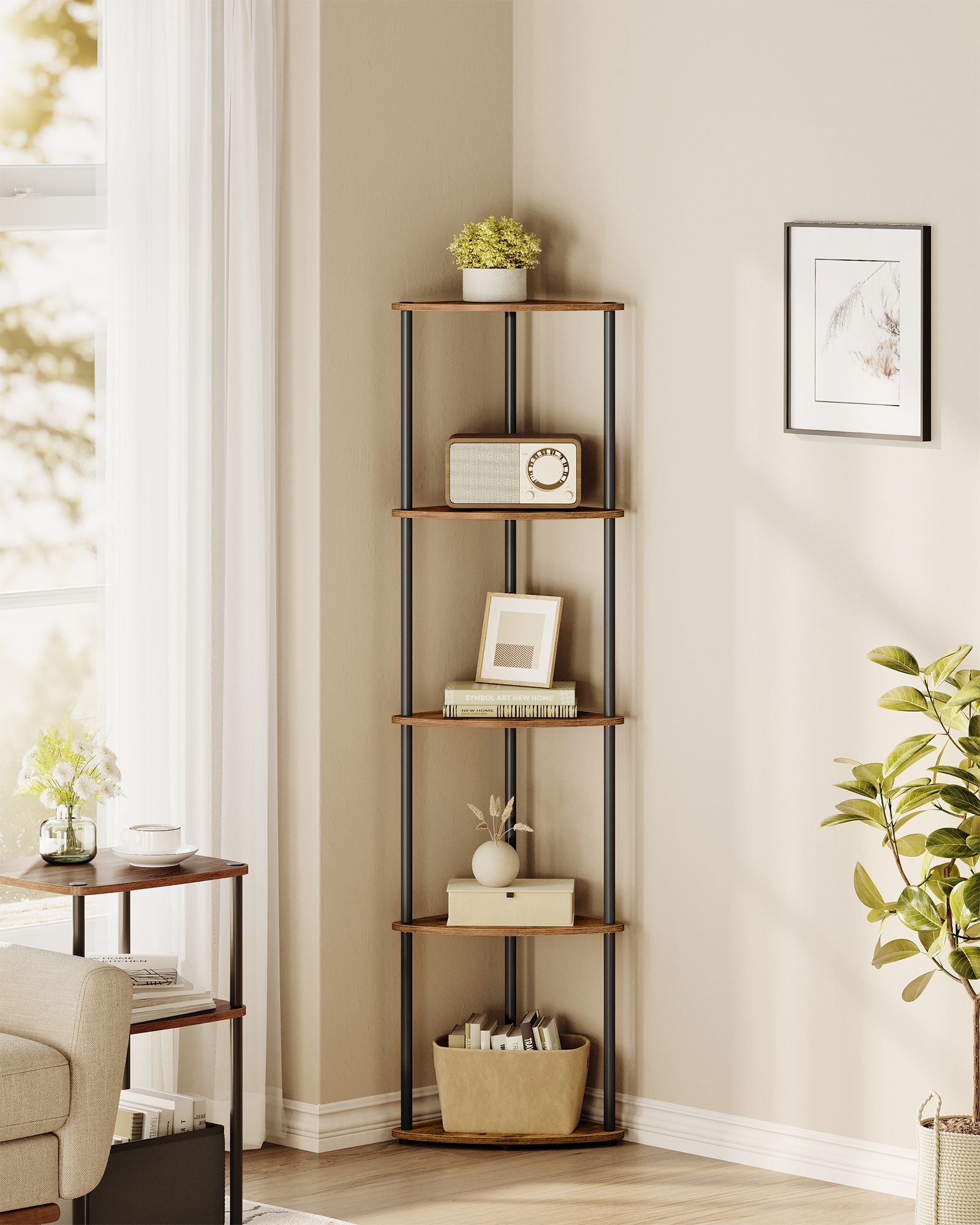 5-Tier Corner Shelf – Wood – Rustic Brown – Toolless Assembly
