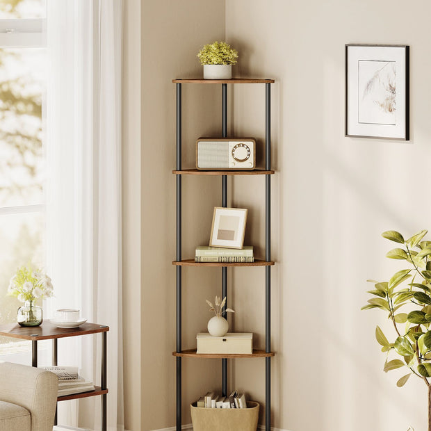 5-Tier Corner Shelf – Wood – Rustic Brown – Toolless Assembly