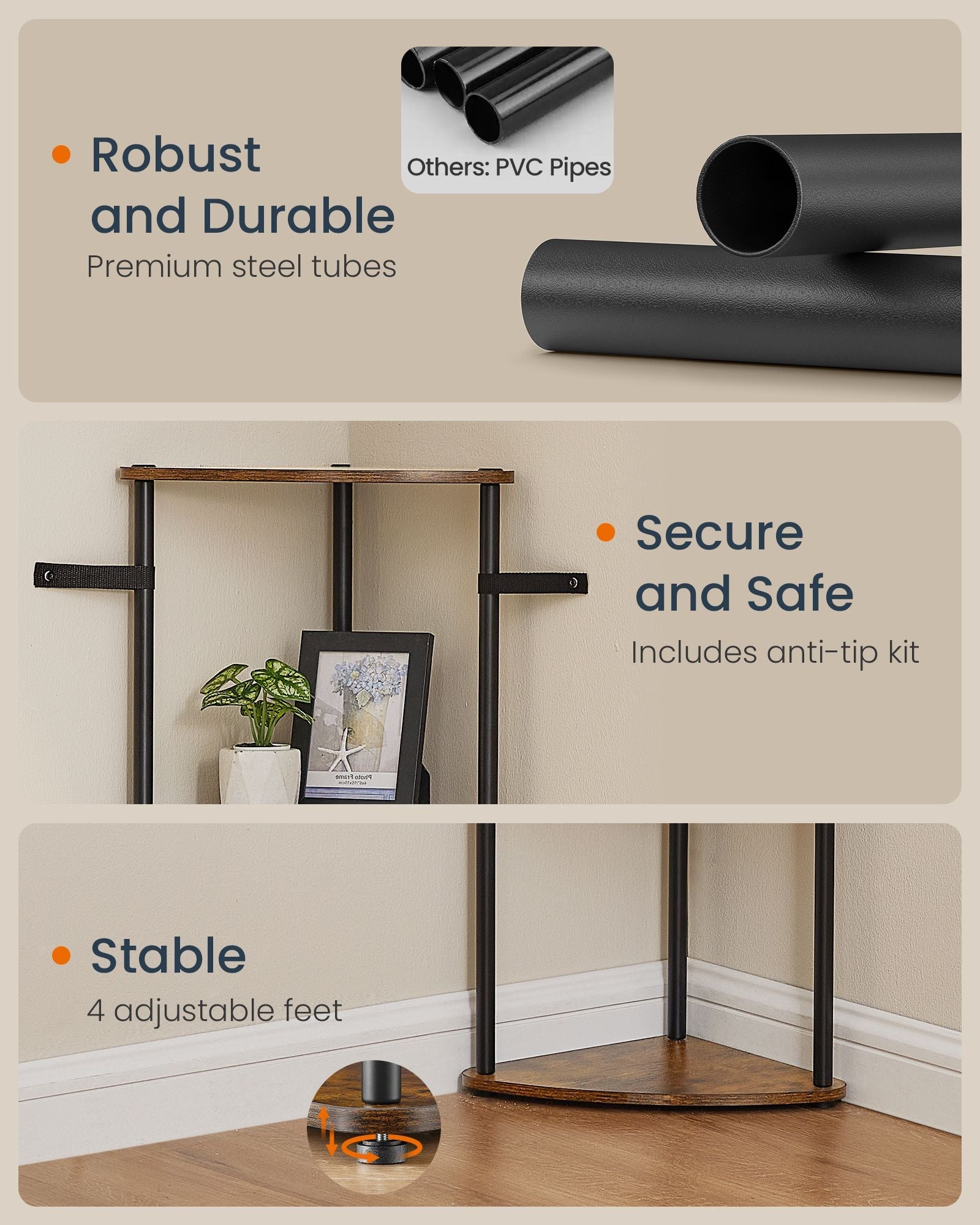 5-Tier Corner Shelf – Wood – Rustic Brown – Toolless Assembly