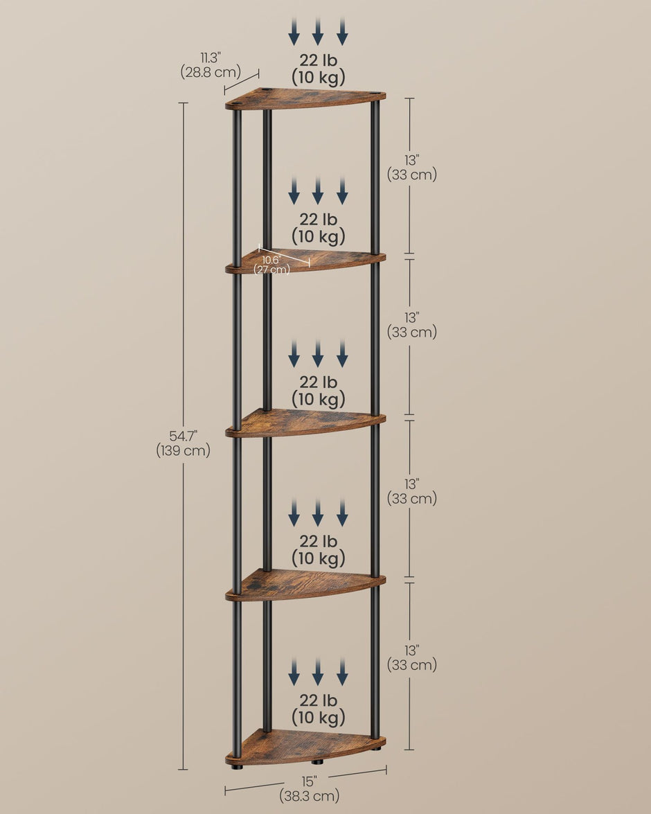 5-Tier Corner Shelf – Wood – Rustic Brown – Toolless Assembly