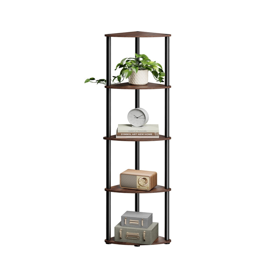 Corner Shelving Unit – Engineered Wood – Rustic Brown – 5-Tier Design with Toolless Assembly