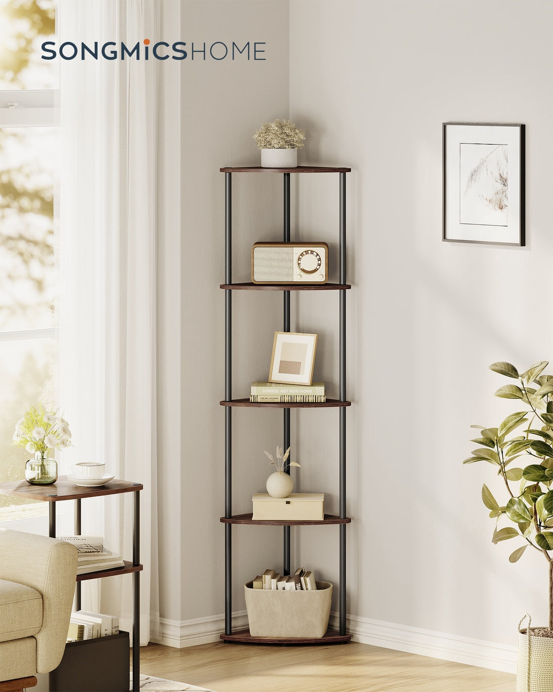 Corner Shelving Unit – Engineered Wood – Rustic Brown – 5-Tier Design with Toolless Assembly