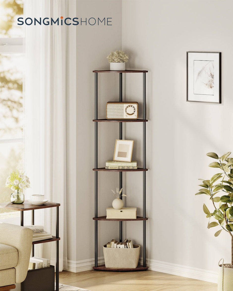 Corner Shelving Unit – Engineered Wood – Rustic Brown – 5-Tier Design with Toolless Assembly