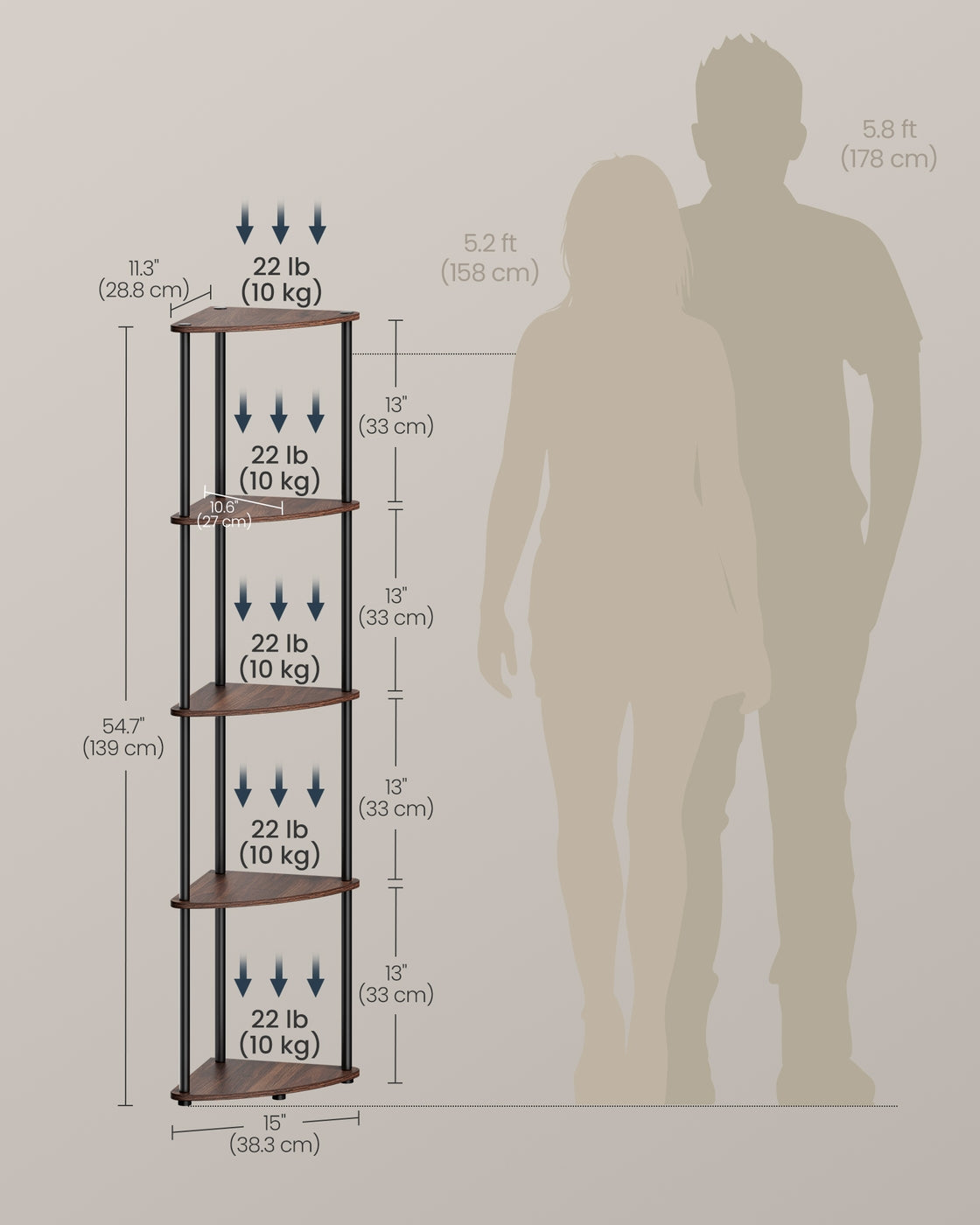 Corner Shelving Unit – Engineered Wood – Rustic Brown – 5-Tier Design with Toolless Assembly