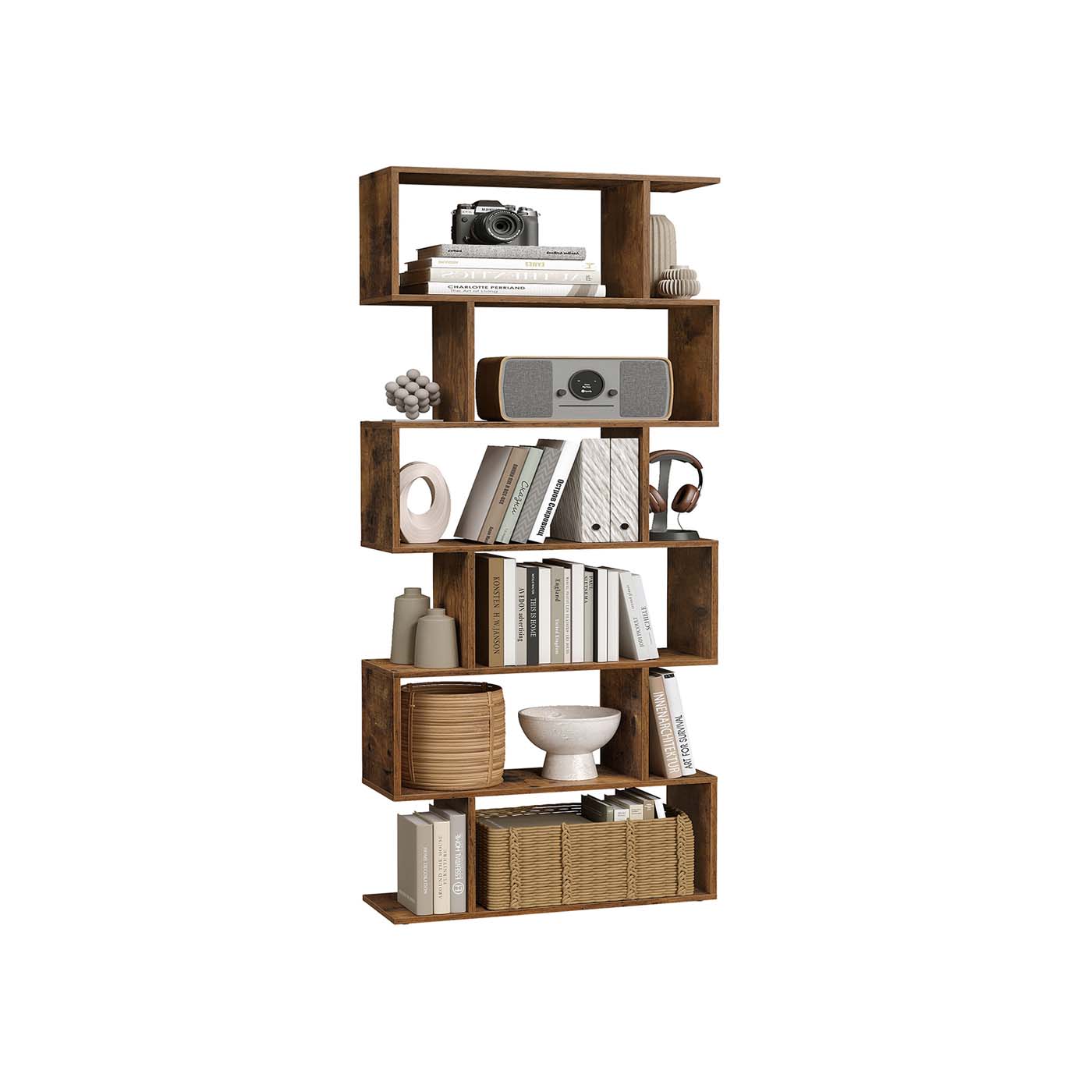 Freestanding Bookcase – Wood – White – 6-Tier Cube Display Shelf and Room Divider