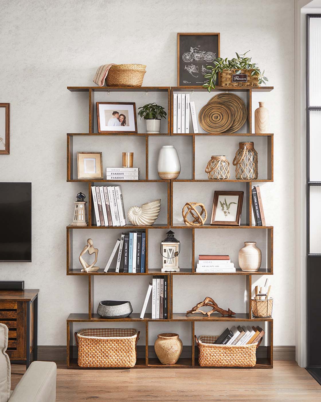 Freestanding Bookcase – Wood – White – 6-Tier Cube Display Shelf and Room Divider
